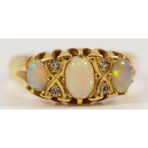 355 - An 18ct gold old cut diamond and opal dress ring, Chester hallmark partially worn, Q, cracks and chi... 