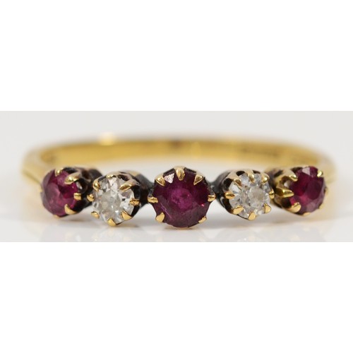 359 - An 18ct gold diamond and ruby five stone ring, S 1/2, 2.6g