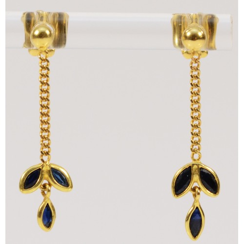 362 - A pair of 18ct gold sapphire leaf drop earrings, 25mm, 1.8g