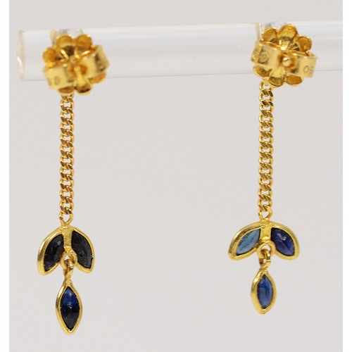 362 - A pair of 18ct gold sapphire leaf drop earrings, 25mm, 1.8g