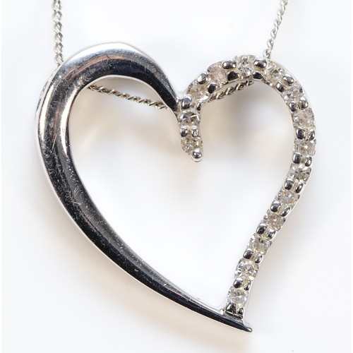 370 - A 9ct white gold diamond heart shaped pendant with a chain, 20mm, 3.3g