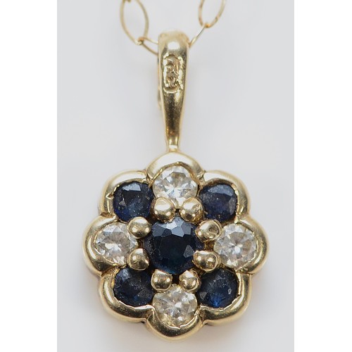 376 - A 9ct gold sapphire and diamond floral cluster pendant with a chain, 8mm, 1.2g