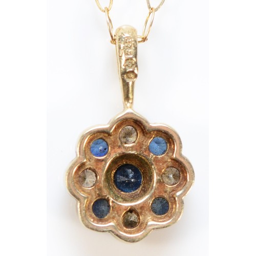 376 - A 9ct gold sapphire and diamond floral cluster pendant with a chain, 8mm, 1.2g