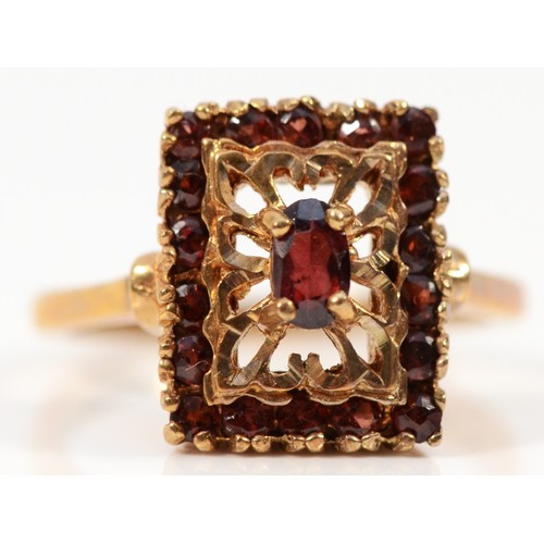 379 - A 9ct gold garnet square cluster ring, London 1972, L, 4.1g