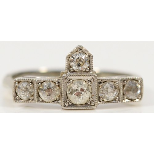 380 - An 18ct white gold and platinum diamond Art Deco ring, J 1/2, 2.4g