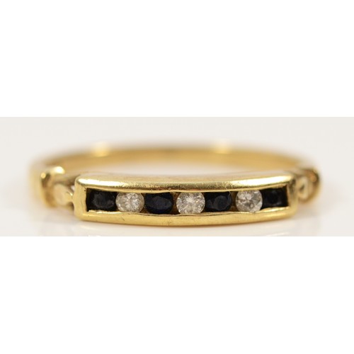 385 - A 9ct gold sapphire and diamond channel set half eternity ring, P, 1.9g