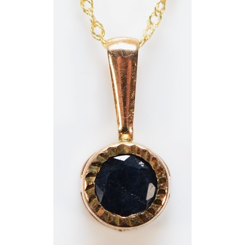 388 - A 9ct gold sapphire pendant with a chain, 11mm drop, 0.7g