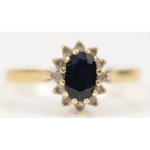 395 - A 9ct gold sapphire and diamond cluster ring, J, 1.4g