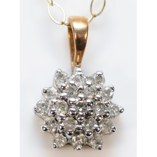 397 - A 9ct gold diamond cluster pendant with a chain, 7mm, 1g