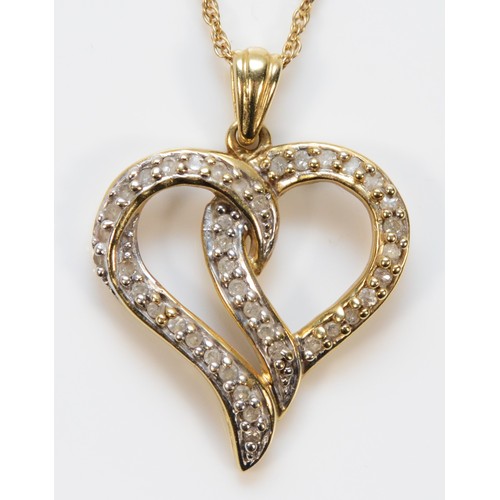 398 - A 9ct gold diamond heart pendant with a chain, 20mm, 2.9g