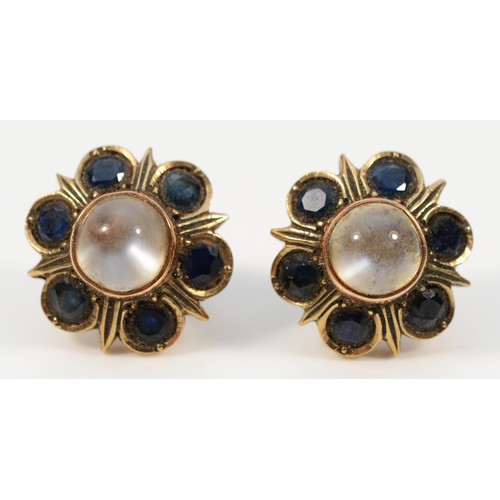 404 - A pair of 9ct gold moonstone and sapphire earrings with scroll backs, 15mm, 4.4g