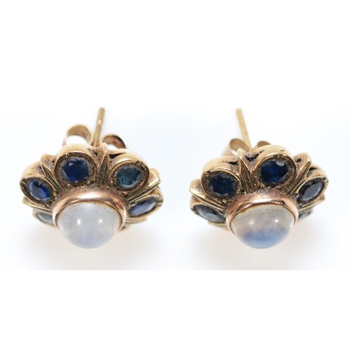 404 - A pair of 9ct gold moonstone and sapphire earrings with scroll backs, 15mm, 4.4g