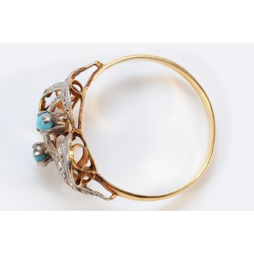 421 - A continental hallmarked gold turquoise and white gemstone dress ring, P, 2.4g