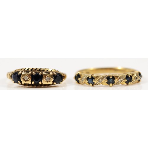 427 - Two 9ct gold sapphire and diamond half eternity rings, I 1/2, O, 3.2g