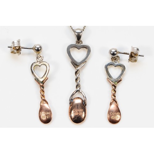 434 - Clogau, a pair of 9ct rose gold and silver Welsh love spoon earrings, with a matching pendant, 6.4g