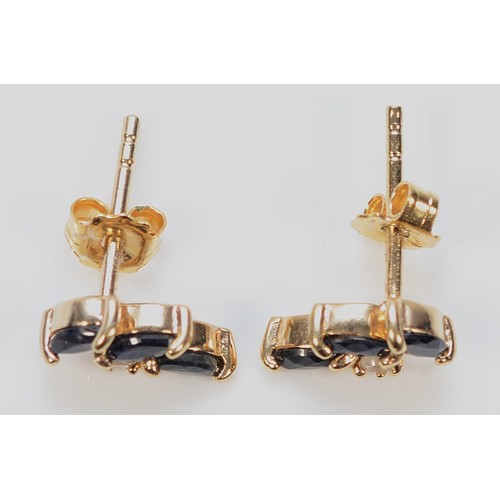 444 - A pair of 9ct gold sapphire and white gemstone earrings with scroll backs, 1g