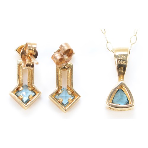 465 - A pair of 9ct gold blue gemstone drop earrings with scroll backs, with a matching 9ct gold pendant o... 