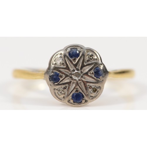 466 - An 18ct gold Art Deco diamond and sapphire cluster ring, M, 2.6g