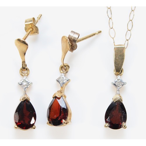 468 - A pair of 9ct gold garnet and diamond drop earrings, with a matching 9ct gold pendant, 2.3g