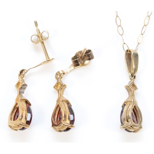 468 - A pair of 9ct gold garnet and diamond drop earrings, with a matching 9ct gold pendant, 2.3g