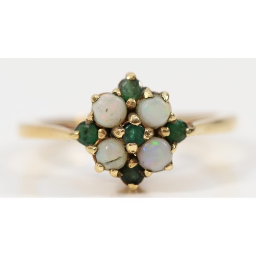 471 - A 9ct gold emerald and opal cluster ring, cracked opal, N, 2.9g