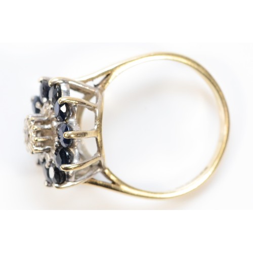 482 - A 9ct gold sapphire and single cut diamond cluster ring, N, 3.8g