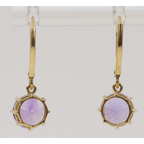 492 - A pair of 9ct gold amethyst drop earrings with lever backs, 8mm, 2.3g