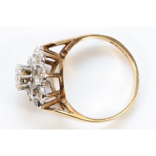 497 - A 9ct gold single cut diamond floral cluster ring, L 1/2, 3.7g