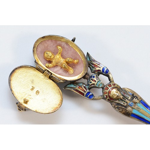 1 - A German early 19th Century enamel and 800 standard silver gilt Egyptian revival spoon, with Moses b... 