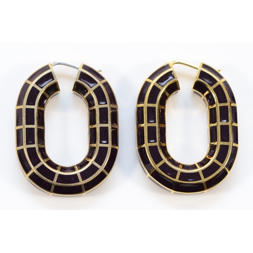 74 - Jil Sander, an Italian pair of 925 silver gilt and black enamel hoop earrings, 40mm, 37g