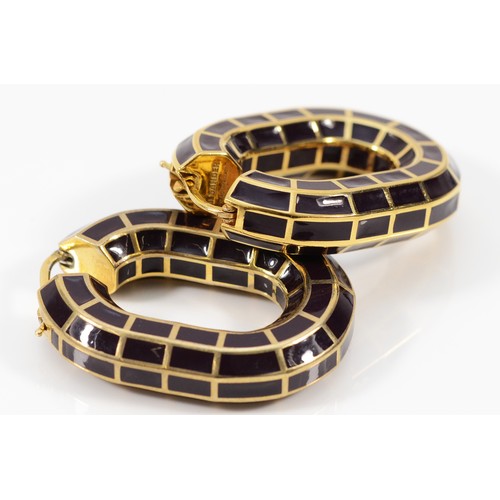 74 - Jil Sander, an Italian pair of 925 silver gilt and black enamel hoop earrings, 40mm, 37g