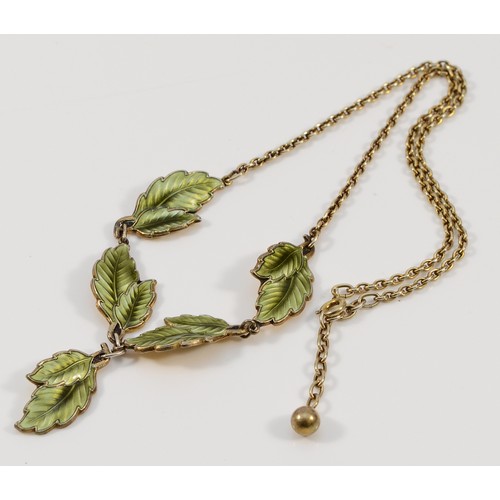 80 - Ivar T Holth, Norwegian silver and green enamel foliate necklace, 25mm leaf, 19g