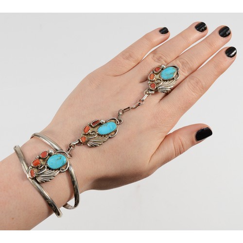 72 - A Native American silver, coral and turquoise bangle linked ring, stamped STERLING, P, and a pair of... 