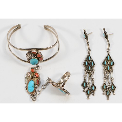 72 - A Native American silver, coral and turquoise bangle linked ring, stamped STERLING, P, and a pair of... 