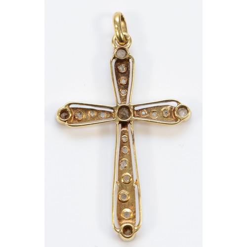 107 - An unmarked 18ct gold and platinum cross pendant, with rose cut diamonds, 30mm, 1.6g