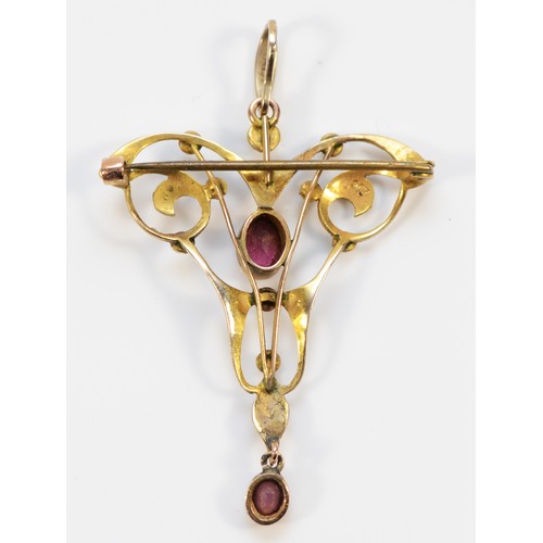 108 - A Victorian 9ct gold garnet and seed pearl brooch with pendant loop, 45mm, 3.3g