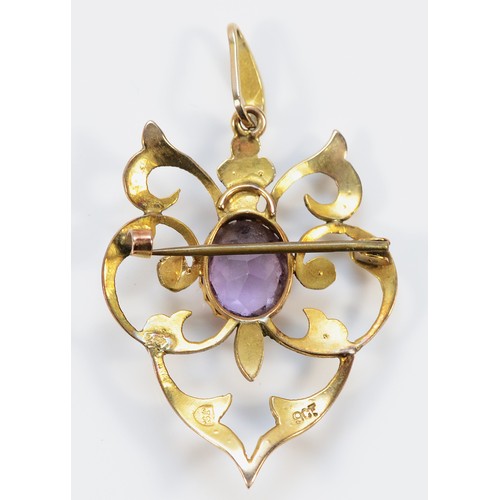 112 - An Edwardian 9ct gold amethyst and seed pearl brooch with pendant loop, 45mm, 3.7g