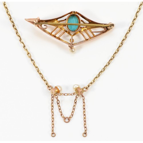 119 - An Art Nouveau 9ct rose gold, turquoise and seed pearl brooch, with a previously attached chain, 40m... 