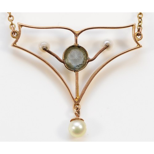 122 - An Edwardian 15ct gold aquamarine and pearl drop necklace, 22mm pendant drop, 3.3g