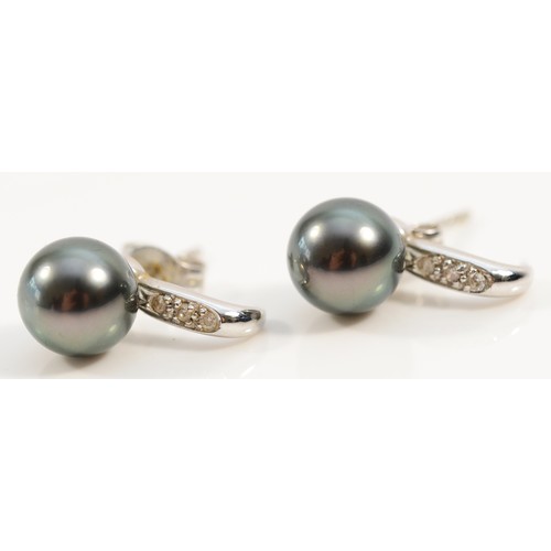 124 - A pair of 14k white gold single cut diamond and cultured pearl half hoop earrings, 6mm pearl, 2.7g