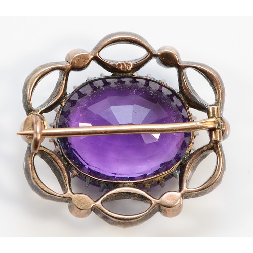 127 - A Victorian 9ct gold and silver set amethyst, seed pearl and paste brooch, 20mm x 15mm amethyst, 8.2... 