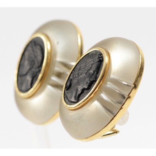 138 - Trianon, a pair of 14K gold rock crystal and black gemstone cameo clip on earrings, depicting Julius... 