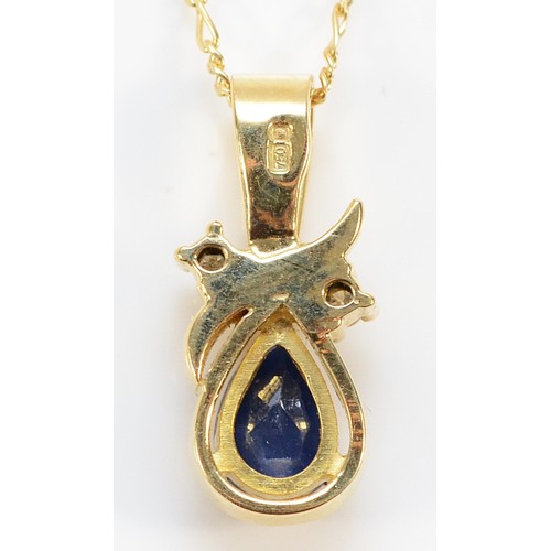 150 - An 18ct gold sapphire and brilliant cut diamond pendant with a chain, 18mm drop, 4.2g