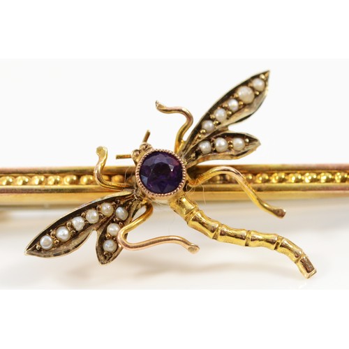 155 - A 9ct gold amethyst and seed pearl dragonfly brooch, 65mm across, with safety chain, 3.5g