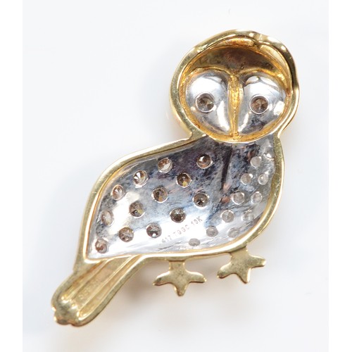 156 - A 9ct white, yellow and rose gold brilliant cut diamond pendant in the form of an owl, 23mm drop, 2.... 