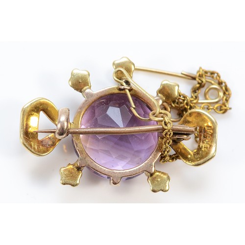 161 - A late Victorian 15ct gold amethyst and seed pearl brooch, 13mm amethsyst, 27mm brooch, with safety ... 