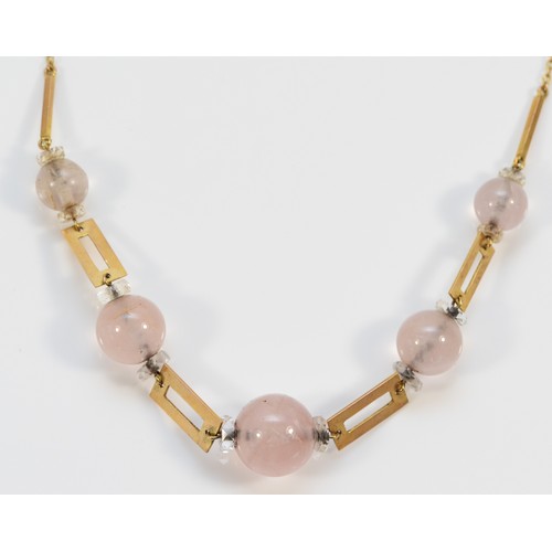 164 - A 9ct gold rose quartz and rock crystal necklace, graduating rose quartz beads, largest 12mm, 8.6g