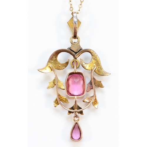 173 - A 9ct gold pink gemstone and seed pearl pendant, probably pink tourmaline, Chester 1912, 40mm drop, ... 