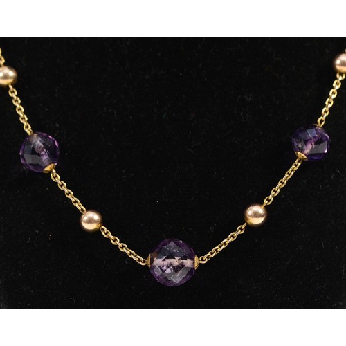 183 - An unmarked 9ct gold and amethyst bead necklace, graduating size of amethyst beads, largest 10mm, 40... 