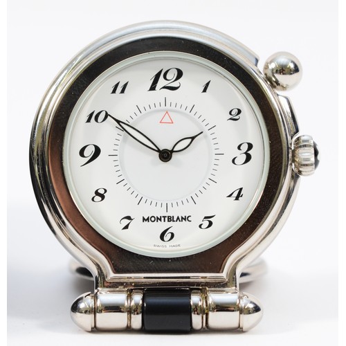 210 - Montblanc, a stainless steel travel alarm clock, model AL 1192947,  the white dial with Arabic numer... 